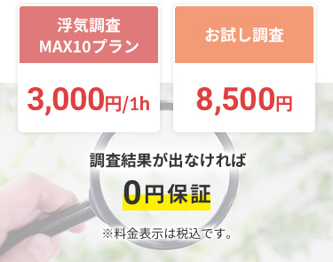 浮気調査 MAX10プラン 3,000円/1h,お試し調査 8,500円,調査結果が出なければ0円保証